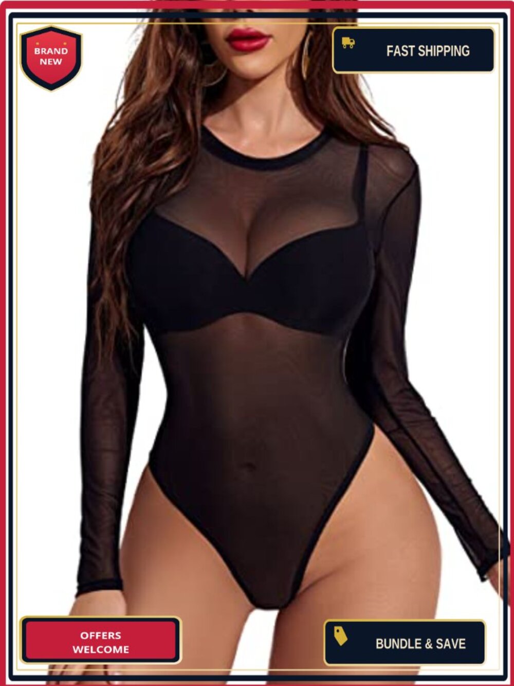 Mesh Bodysuit Long Sleeve Snap Crotch Sheer Glitter Lingerie Top